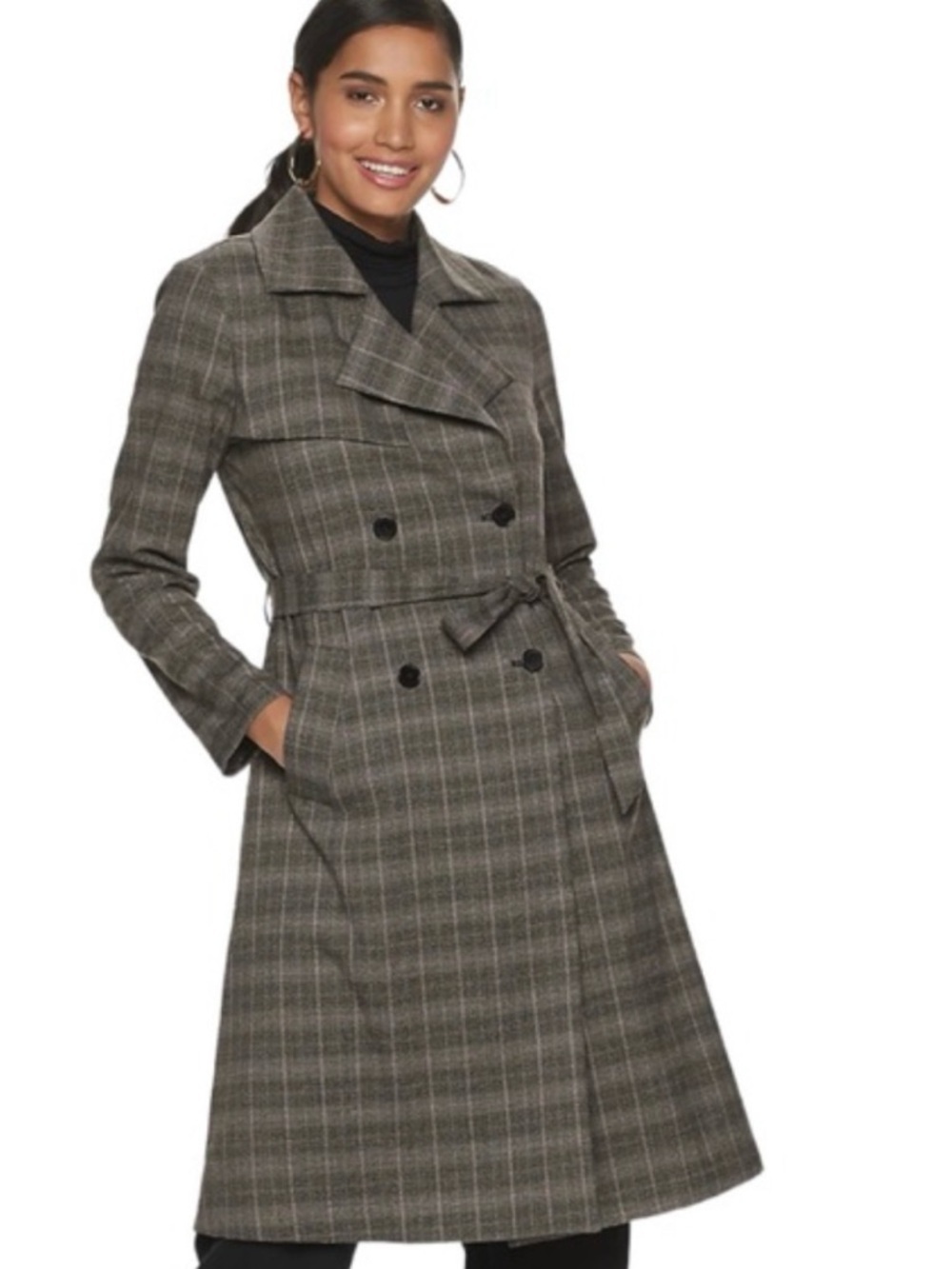 Jennifer Lopez Olive Plaid Double-Breasted Trench Light Jacket